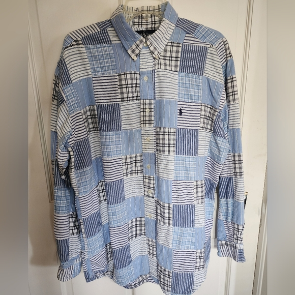 Vintage Ralph Lauren Shirt Large Blue Plaid Madras Patchwork Long Sleeve Blaire